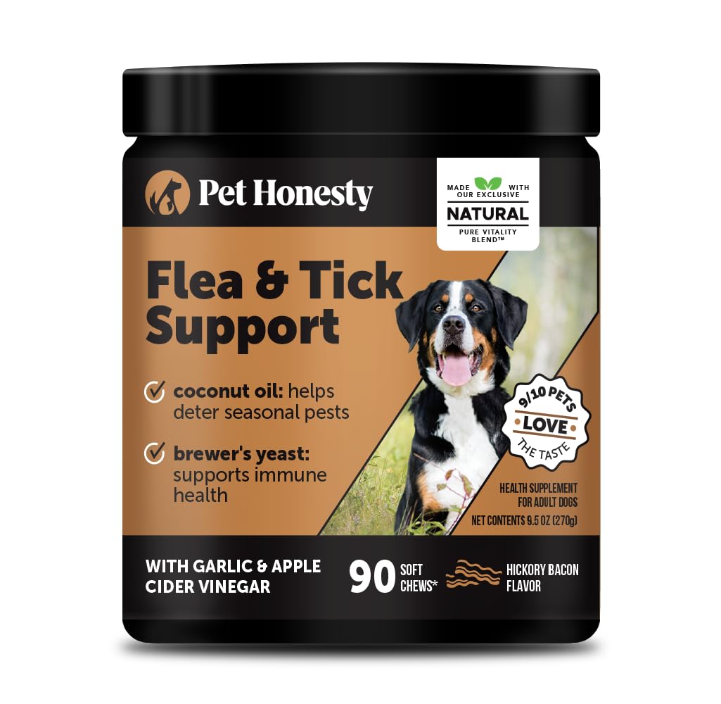 Pet Honesty flea tick chews bottle highlights natural protection for dogs