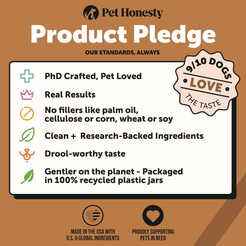 Pet Honesty garlic, vitamins, omega ingredients image hints at supportive nutrition