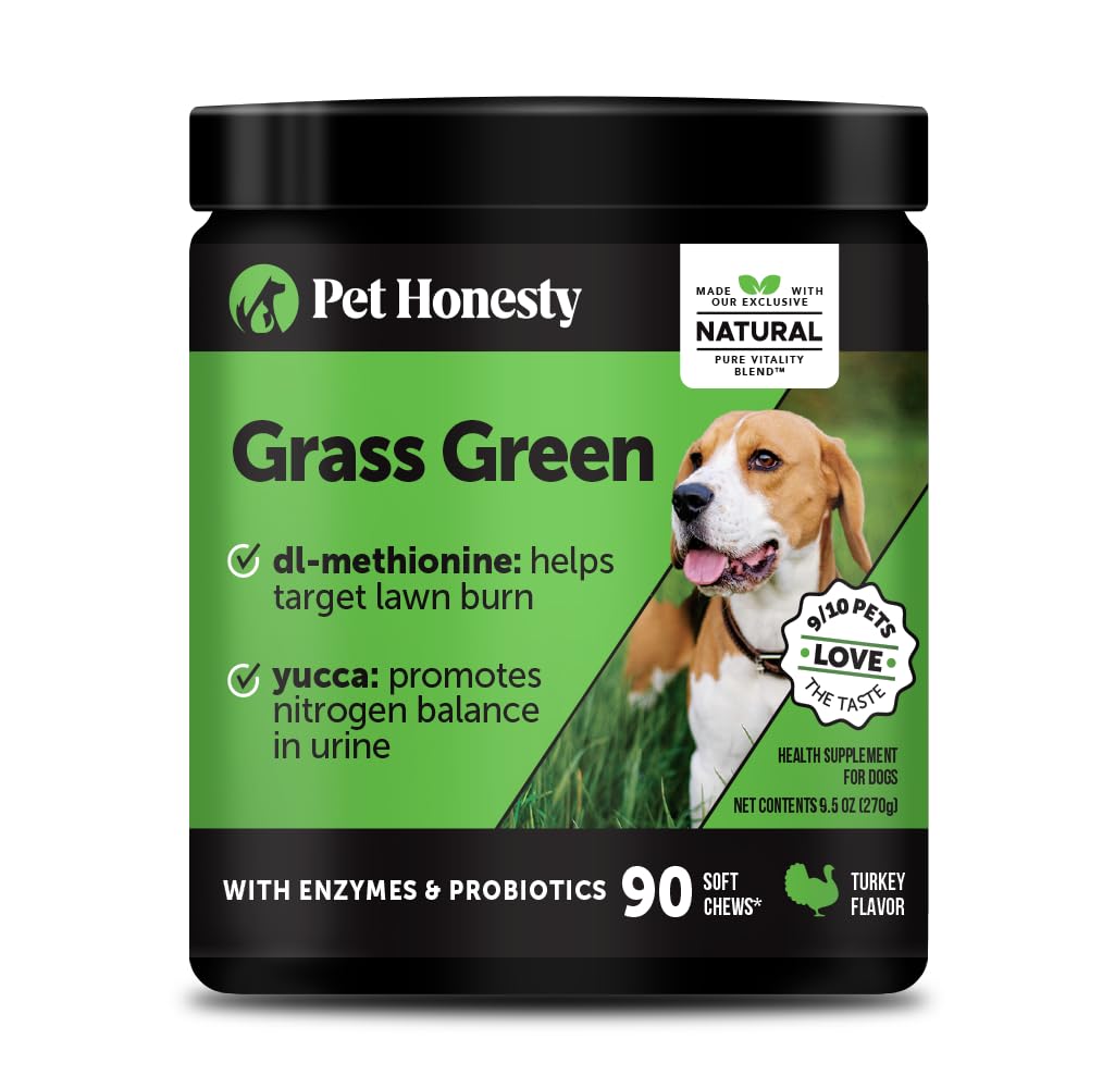 Pet Honesty Grass Green Dog Chews bottle; supports lawn health and digestion