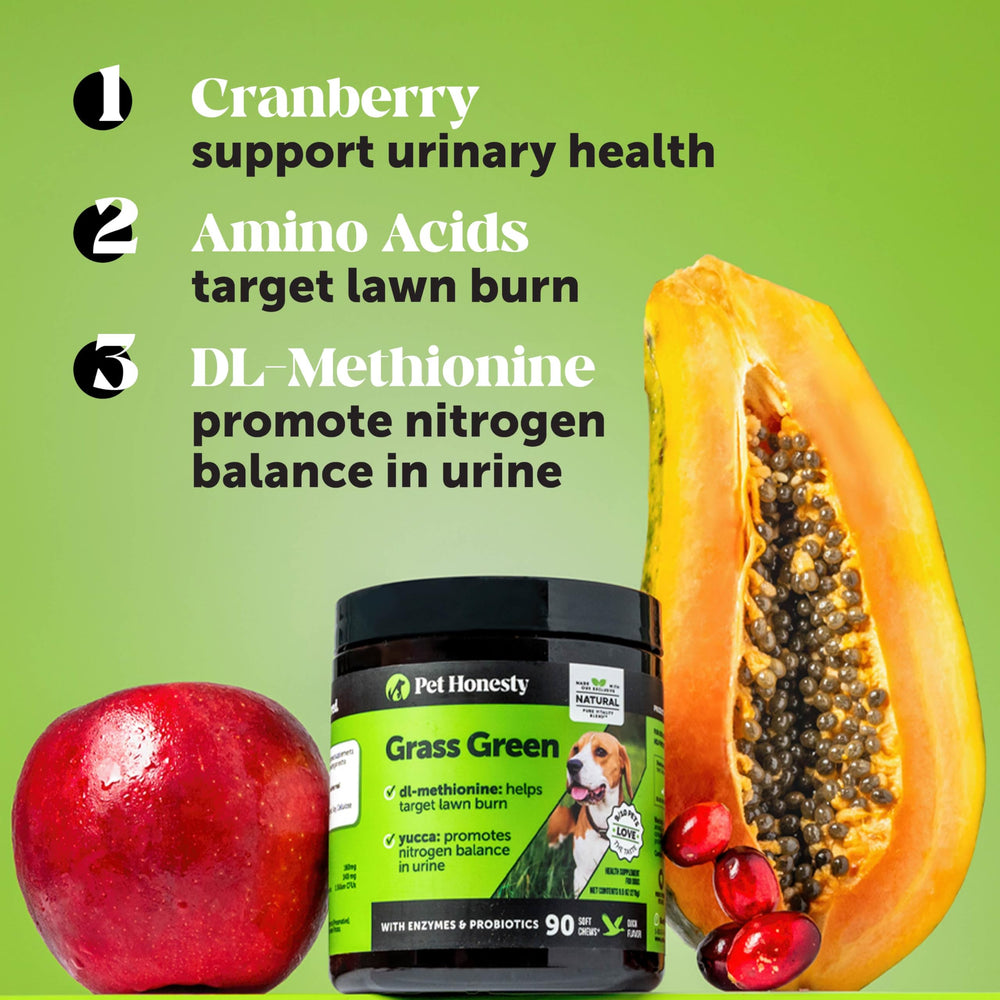 Pet Honesty Grass Green Chews closeup cranberries probiotics; supports urinary health