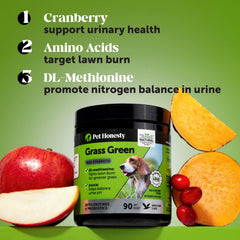 Pet Honesty Grass Green Max Strength chews icon illustrates urinary balance and gut health.