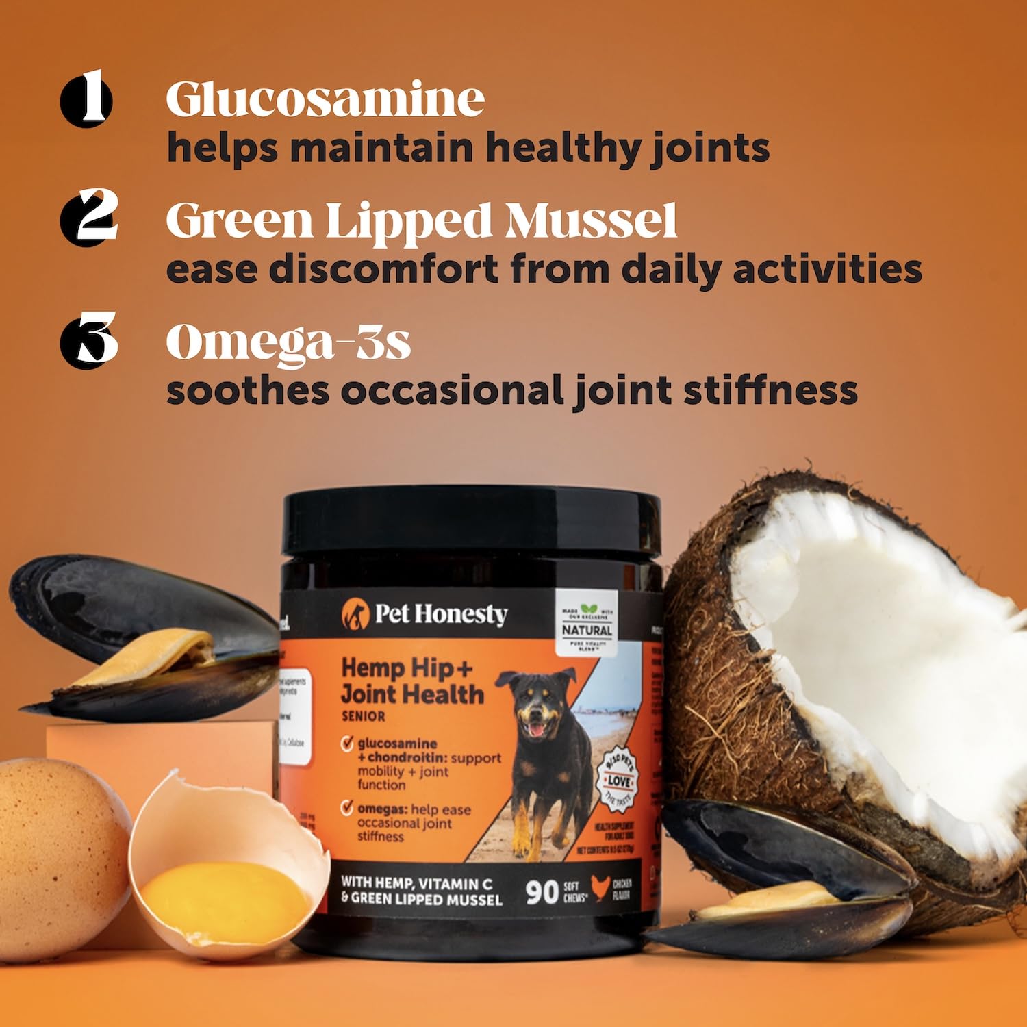 Pet Honesty green-lipped mussel dog supplement image highlights mobility support.