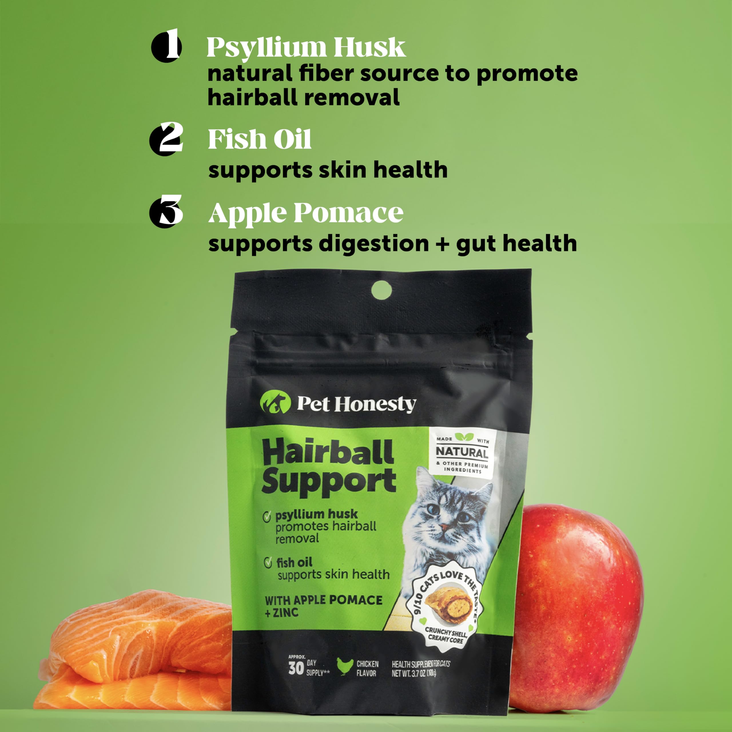 Pet Honesty hairball treats with psyllium and fish oil support digestion and skin health.