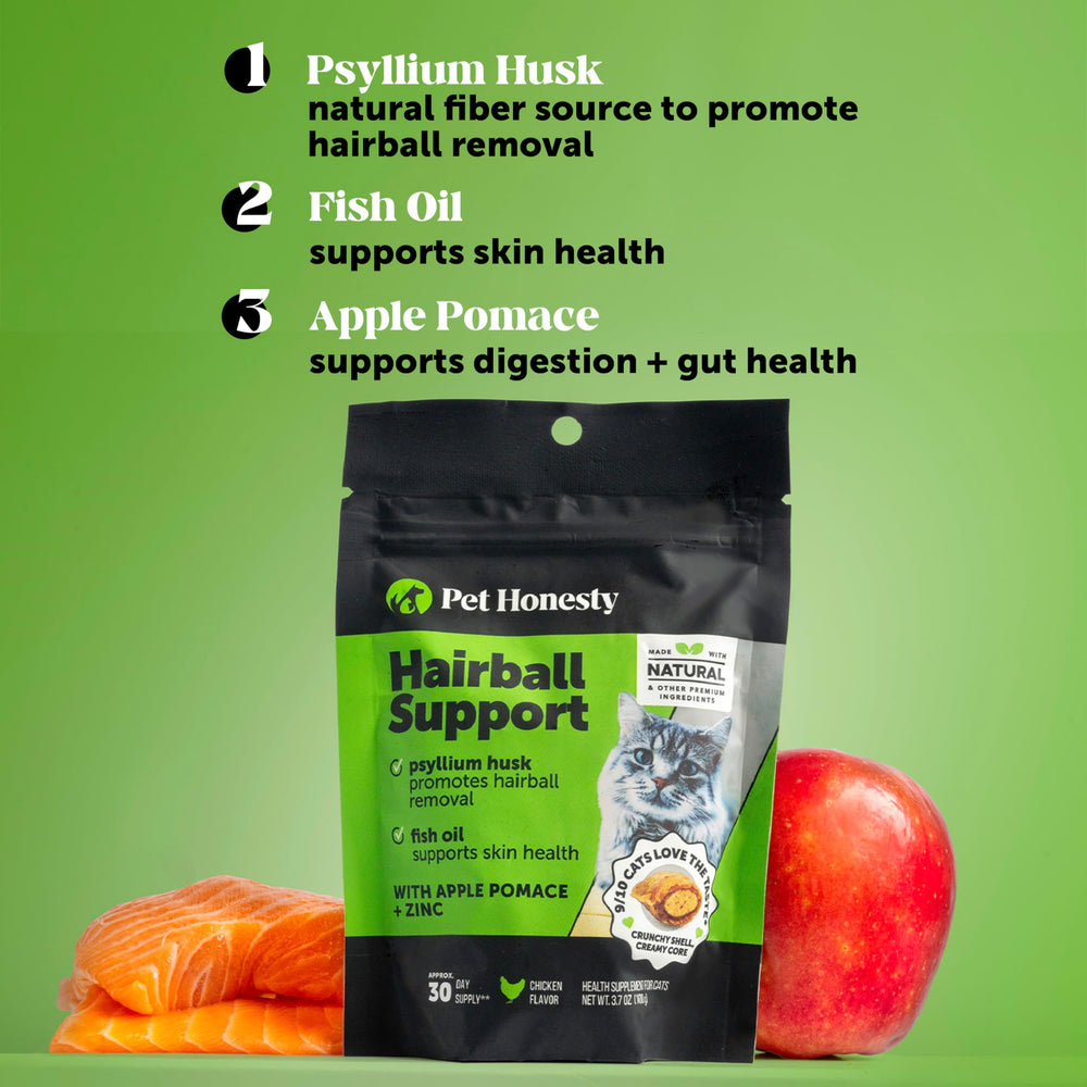 Pet Honesty hairball treats with psyllium and fish oil support digestion and skin health.