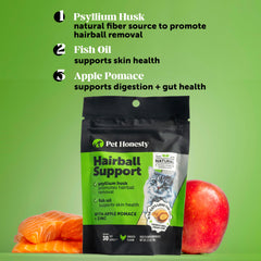 Pet Honesty hairball treats with psyllium and fish oil support digestion and skin health.