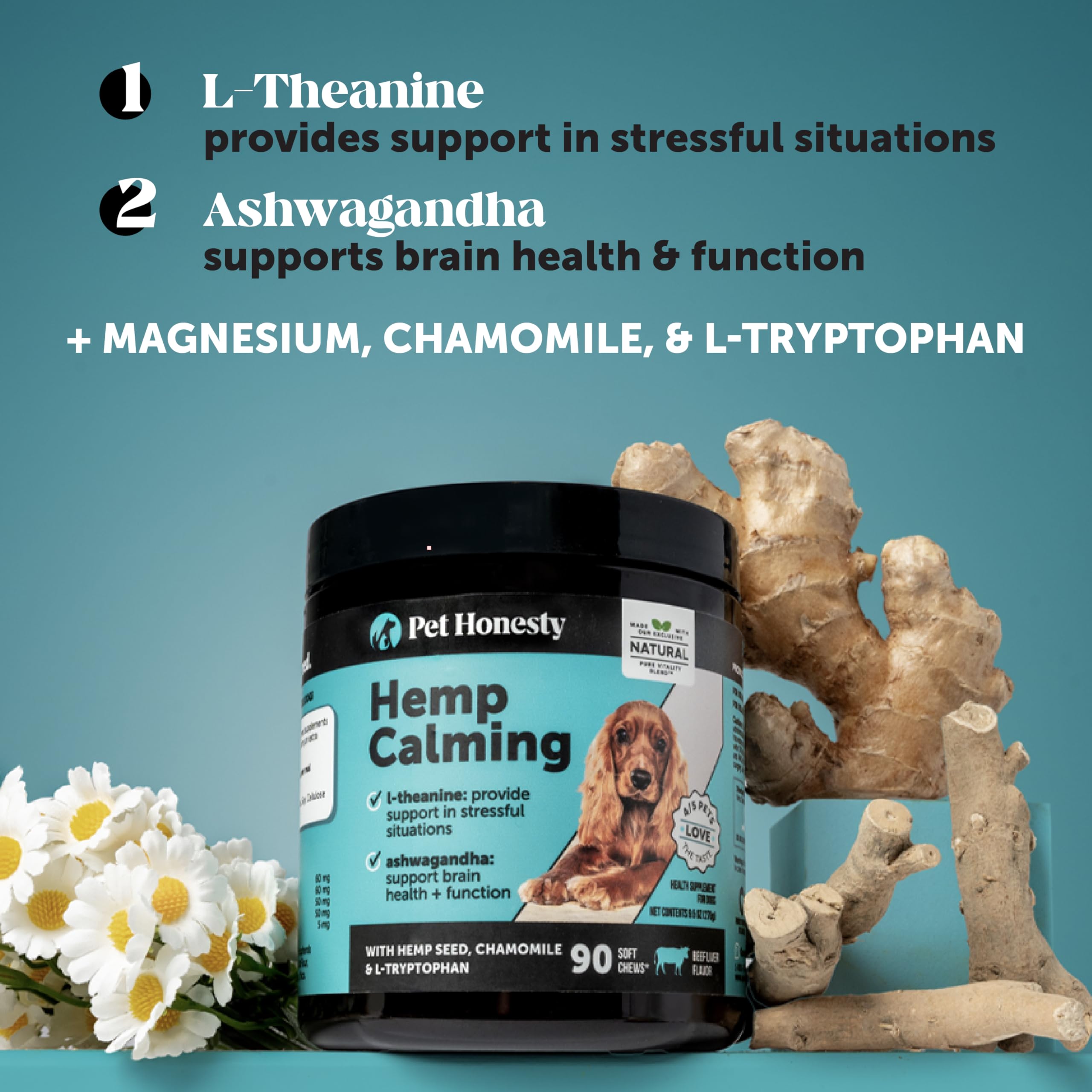 Pet Honesty calming chews ingredients label closeup highlights L-theanine and chamomile for stress support