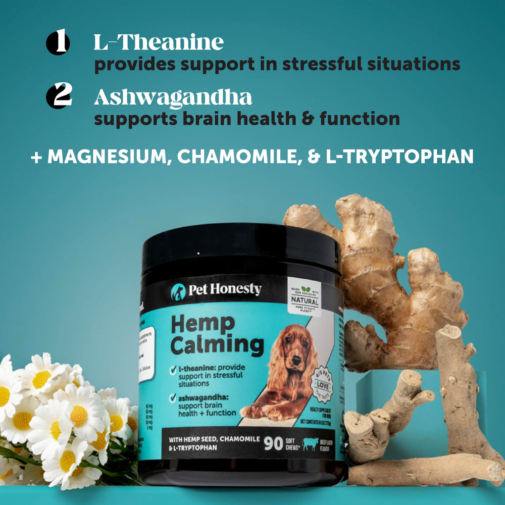 Pet Honesty calming chews ingredients label closeup highlights L-theanine and chamomile for stress support