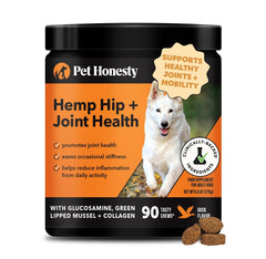 Pet Honesty Hemp Hip & Joint dog chews bottle showcases mobility support