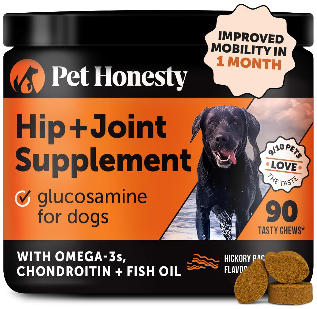 Pet Honesty hip joint soft chews bacon bottle promote mobility.