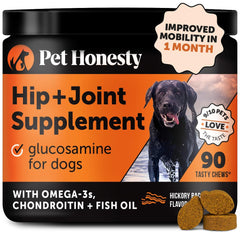 Pet Honesty hip joint soft chews bacon bottle promote mobility.