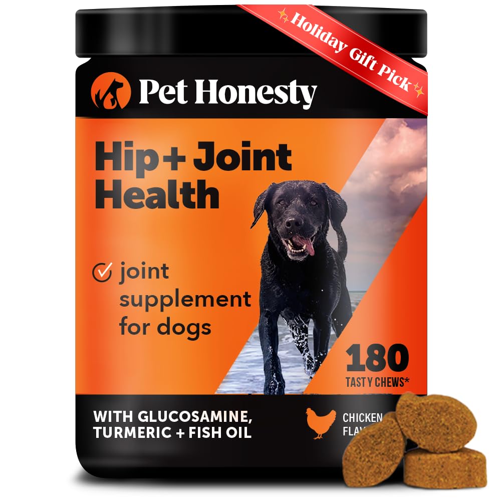 Pet Honesty hip & joint soft chews bottle highlights mobility support for dogs.