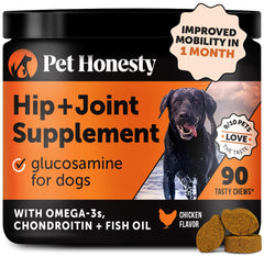 Pet Honesty hip joint soft chews bottle promoting canine mobility support.