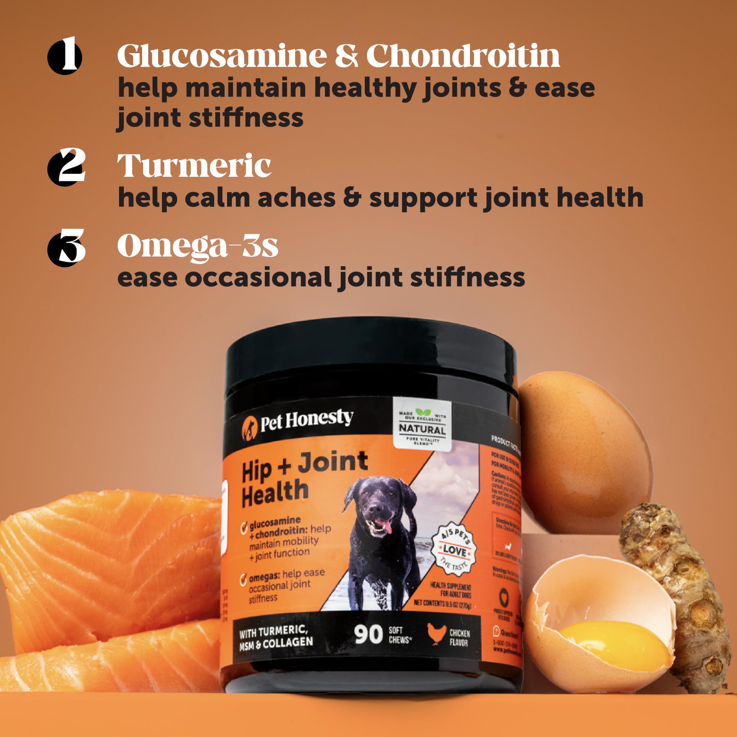 Pet Honesty hip joint soft chews label showcases clean ingredients and no fillers.