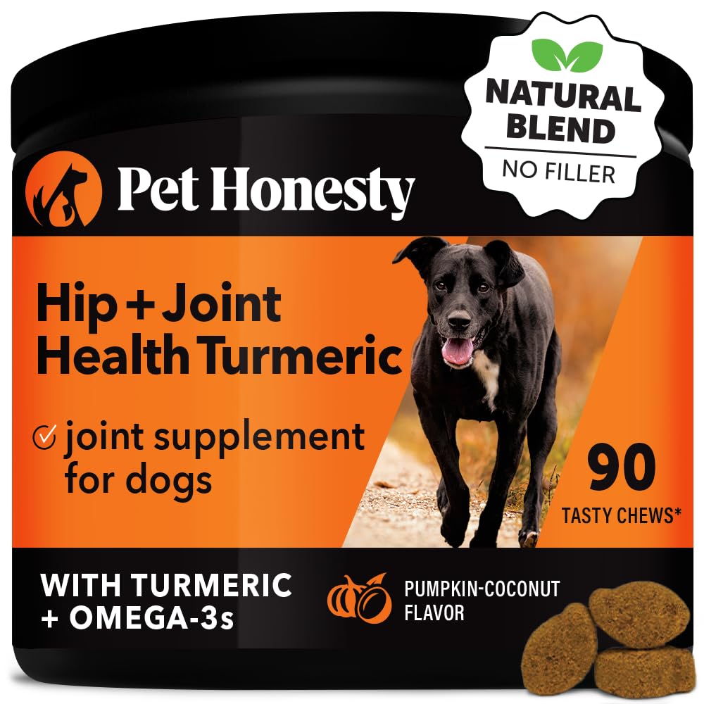 Pet Honesty Hip & Joint turmeric soft chews pumpkin jar shows tasty joint support for active dogs