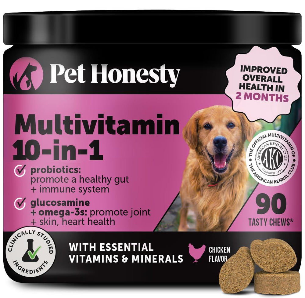Pet Honesty multivitamin dog bottle showing daily immune support and heart-healthy vitamins