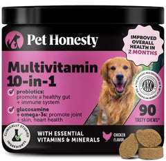 Pet Honesty multivitamin dog bottle showing daily immune support and heart-healthy vitamins