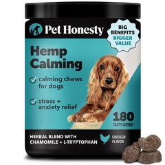 Pet Honesty hemp calming chews bottle closeup promotes canine calm and gentle relaxation