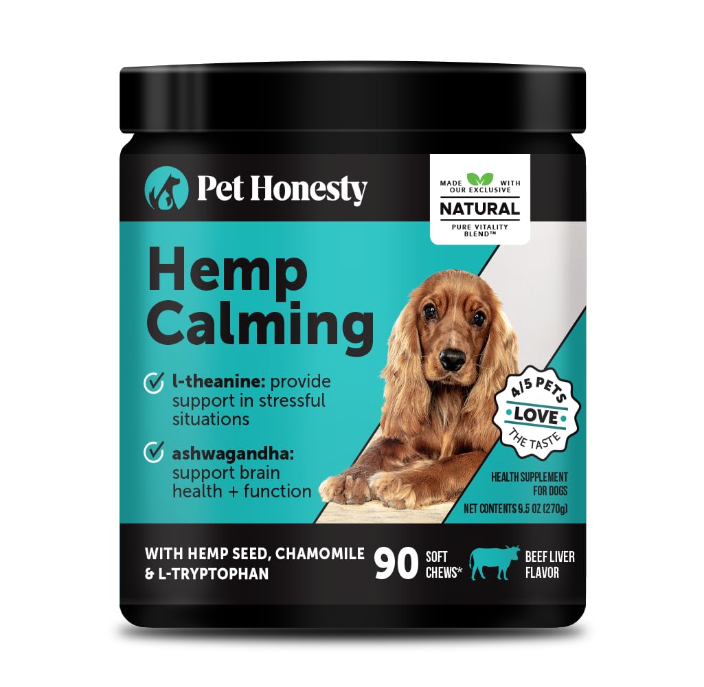 Pet Honesty calming chews bottle front for dog calm and stress support.