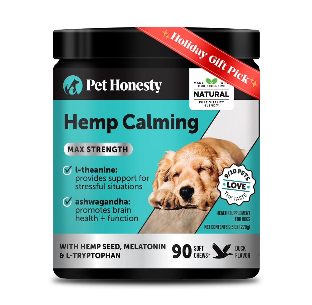 Pet Honesty natural hemp calming chews duck bottle for dogs gentle anxiety support.