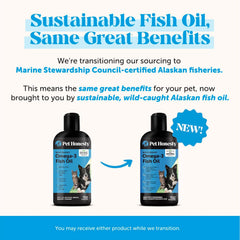 Pet Honesty Omega-3 label closeup notes Alaska-sourced fish and EPA DHA.