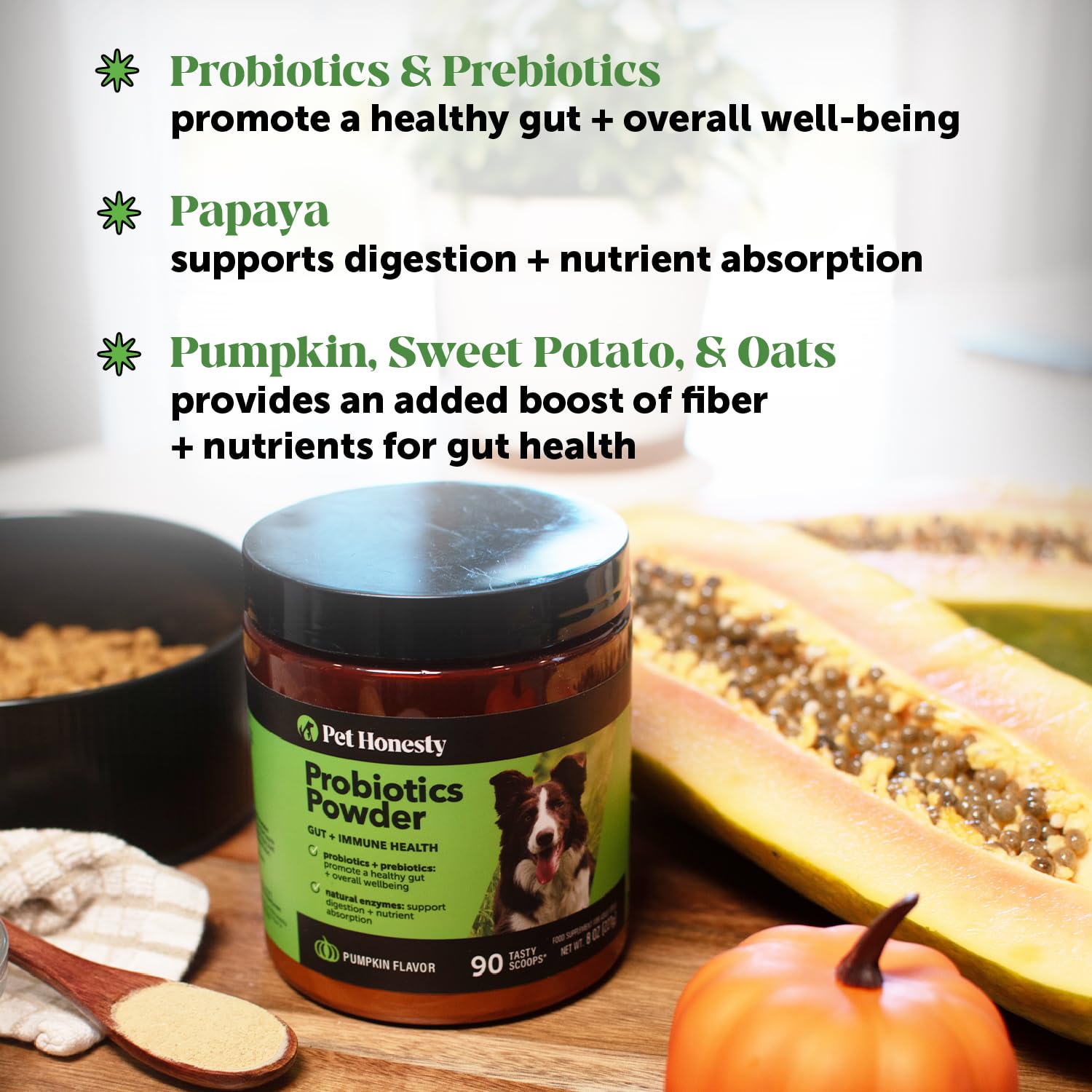 Pet Honesty packaging label highlights all-natural ingredients and 90-scoop container.