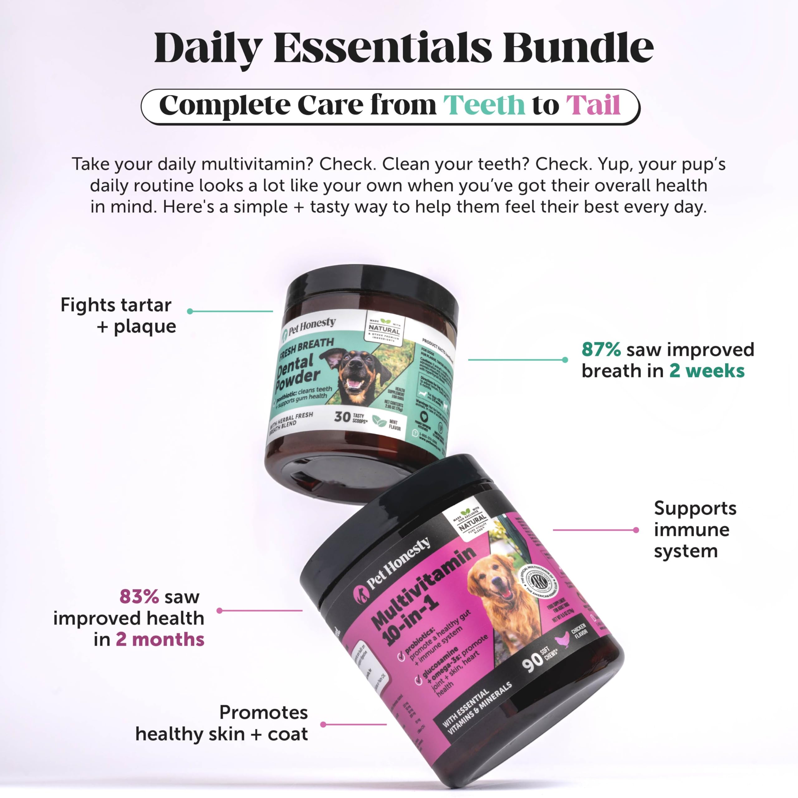 Pet Honesty probiotic bottle showing 1 Billion CFU for gut balance