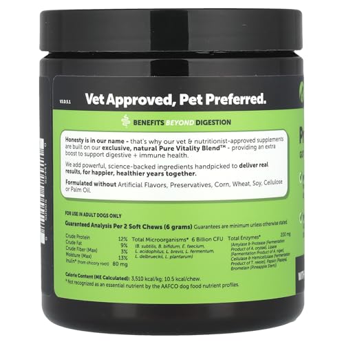 Pet Honesty probiotics for dogs bottle showing easy daily dosing for gut health.