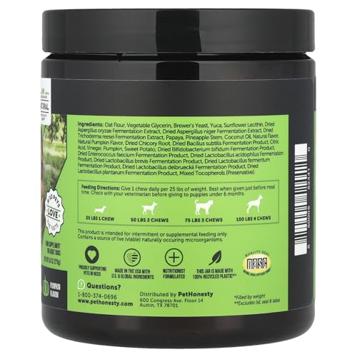 Pet Honesty probiotics for dogs ingredients featuring pumpkin and fiber promoting gut health.