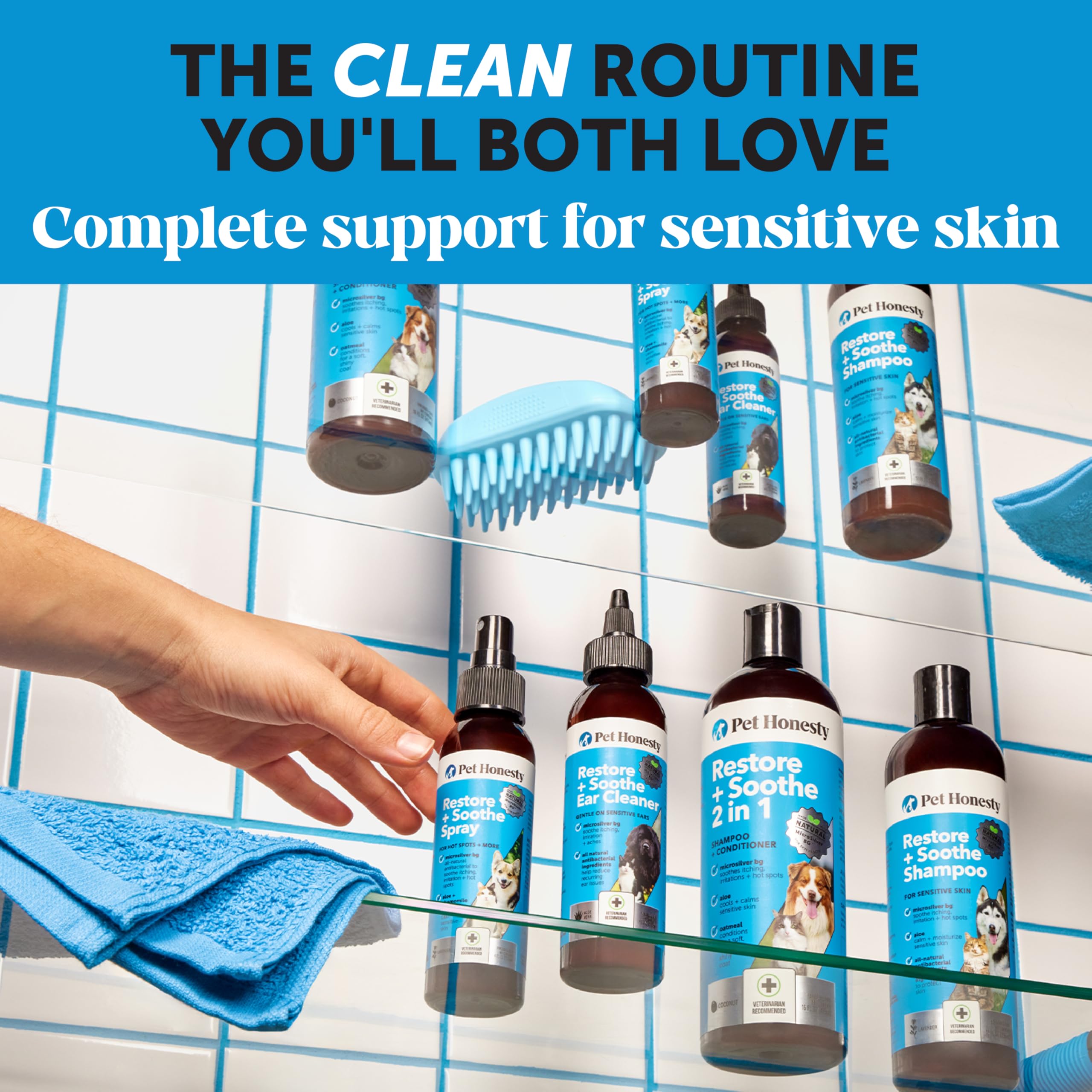Pet Honesty Restore + Soothe applying to damp coat for gentle cleansing