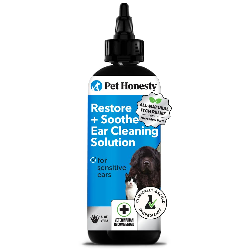 Pet Honesty Restore + Soothe ear cleaner bottle close-up for gentle cleansing.