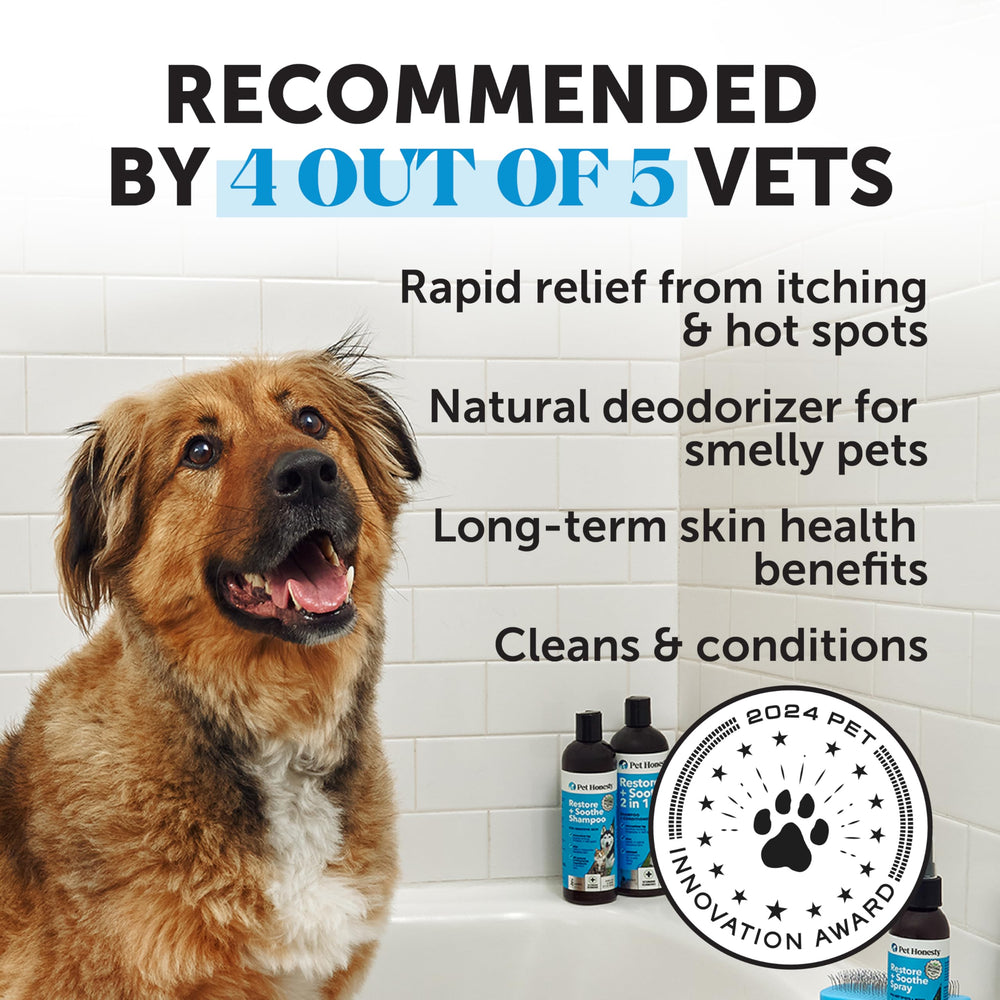 Pet Honesty Restore + Soothe shampoo label highlighting 2 in 1 cleansing and conditioning