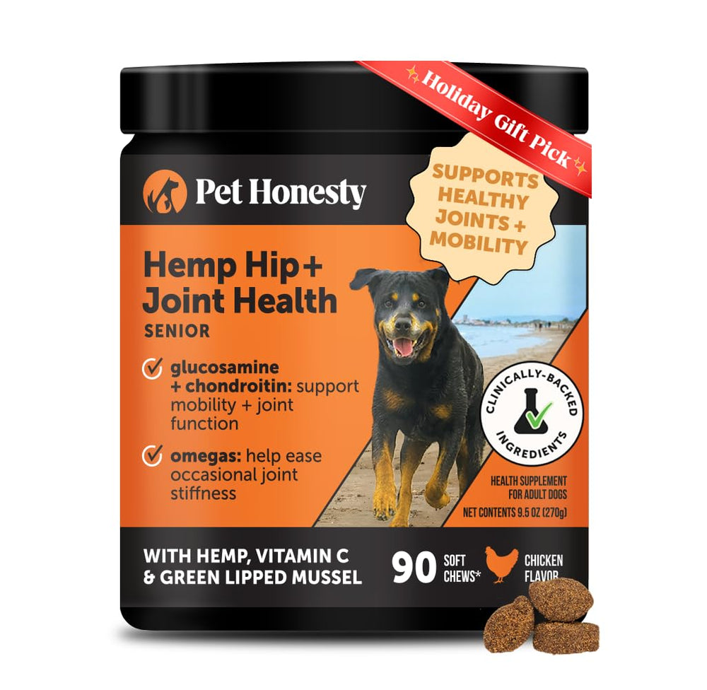 Pet Honesty Senior Hemp Mobility chews bottle supports senior dogs' joint comfort