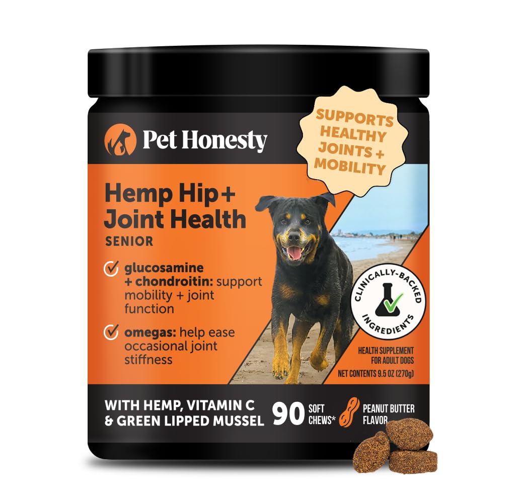 Pet Honesty senior hip joint support chews with peanut butter improve joint comfort for aging dogs.