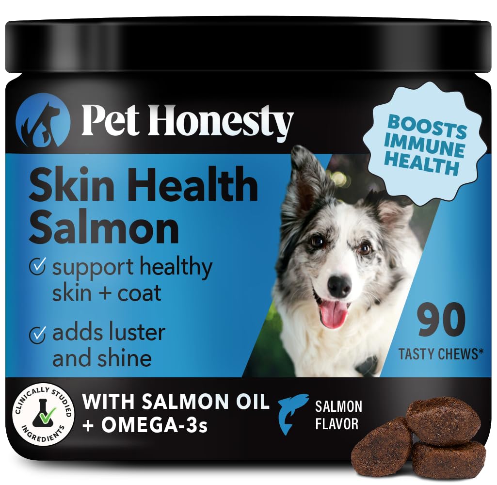 Pet Honesty Skin Health Salmon Chews packaging highlights omega-3 for healthy skin and coat