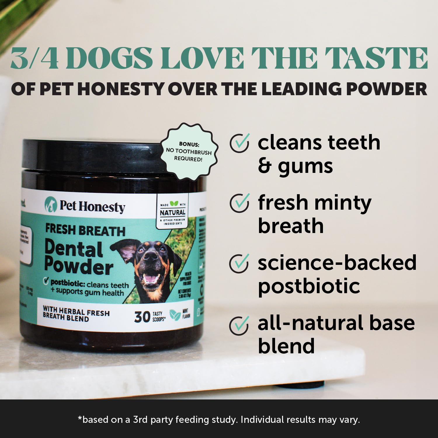Pet Honesty tartar-remover powder aids regular dental care with natural ingredients