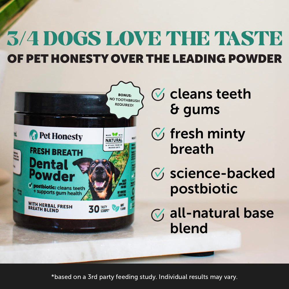 Pet Honesty tartar-remover powder aids regular dental care with natural ingredients