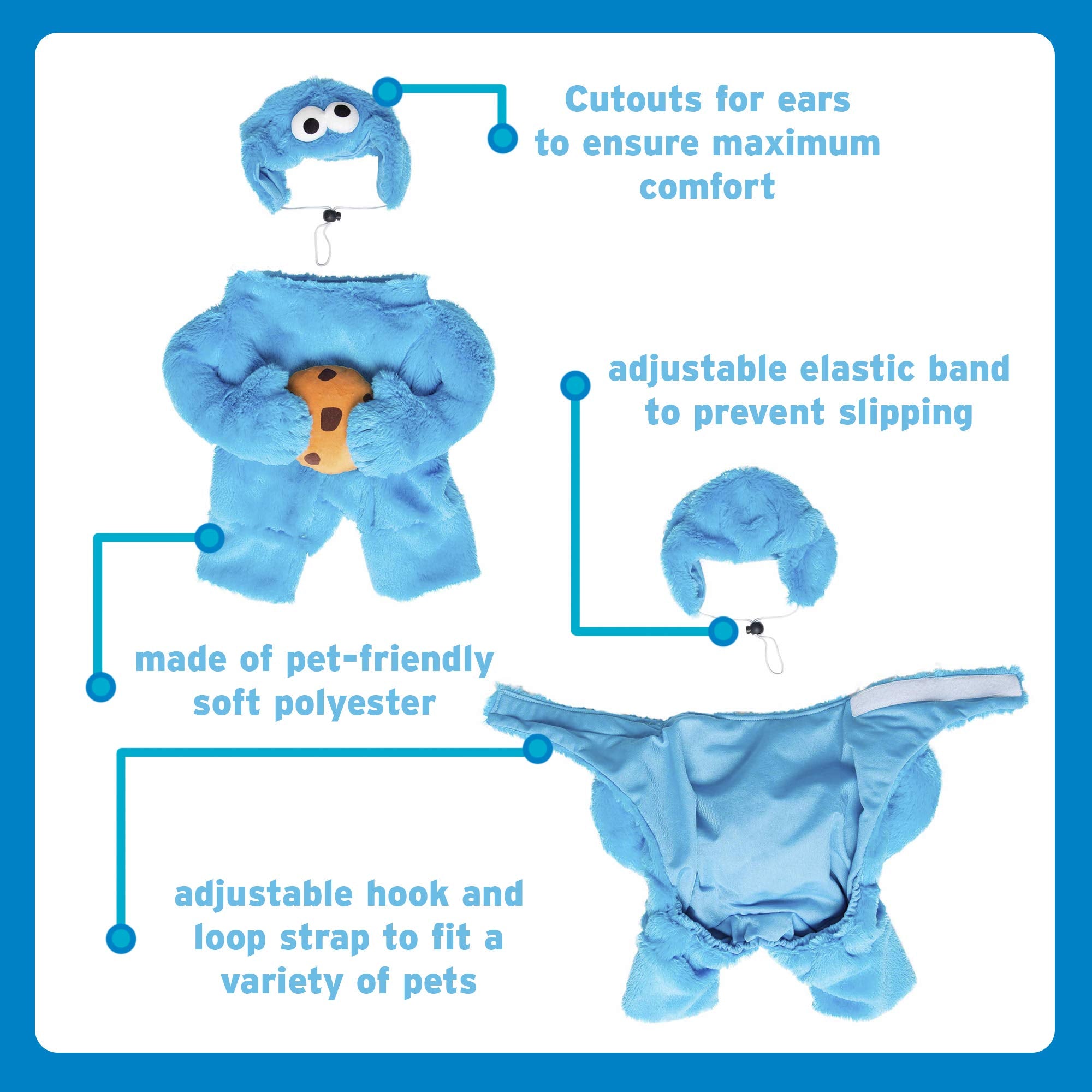 Pet Krewe Unleash The Parade Cookie Monster dog costume bodysuit hook and loop strap
