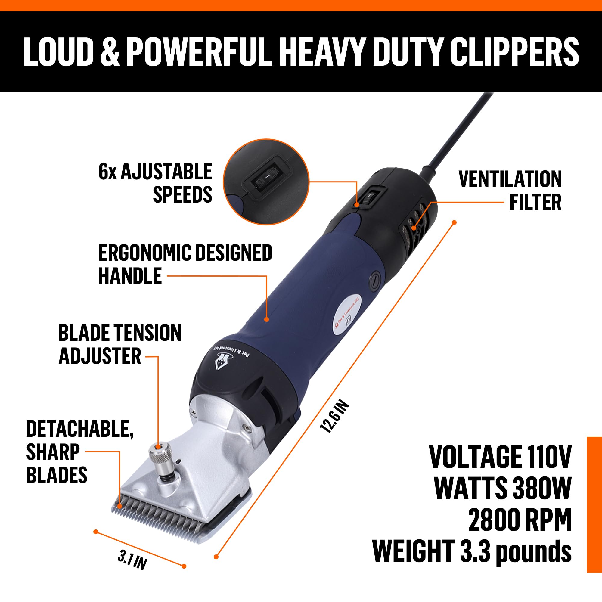 Pet & Livestock HQ rugged polymer body reduces vibration during grooming