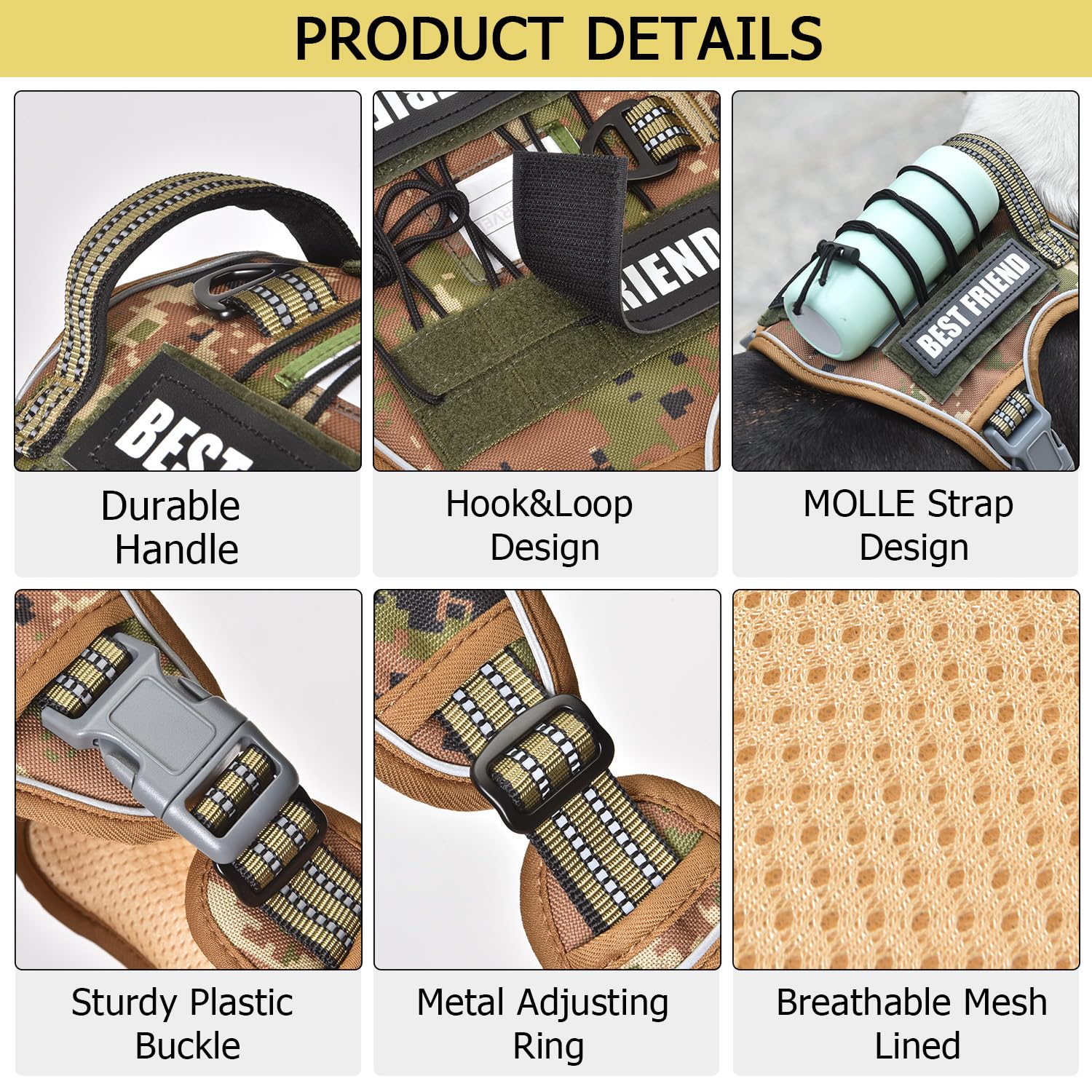 PET MARVEL Tactical Dog Harness camouflage side view demonstrates freedom of movement with no-pull design.