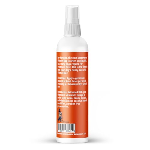 Pet MasterMind dog dandruff treatment spray applying to flaky coat.
