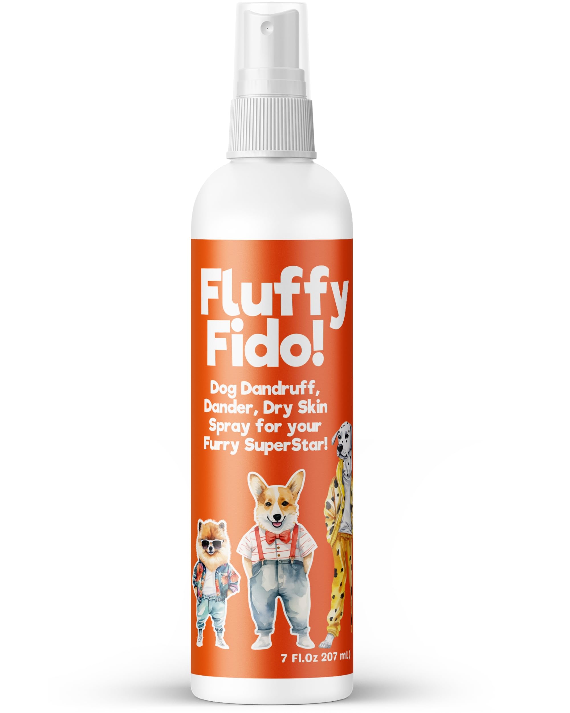 Pet MasterMind Fluffy Fido unscented spray bottle for no-rinse coat care.