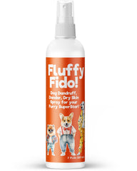 Pet MasterMind Fluffy Fido unscented spray bottle for no-rinse coat care.