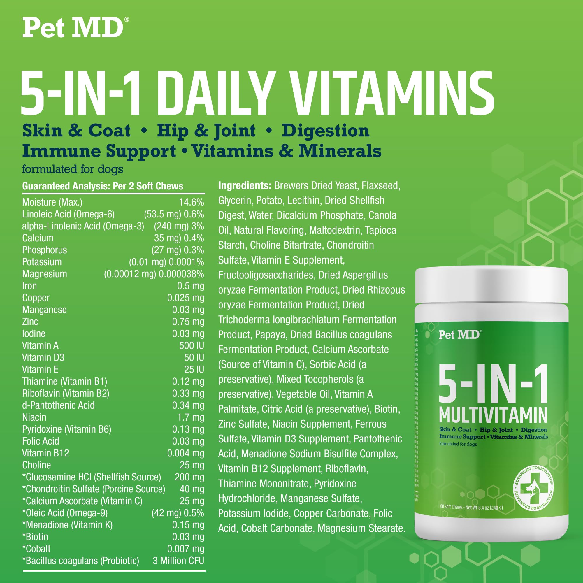 Pet MD 5in1 hip-joint image suggests improved mobility through glucosamine and fatty acids.