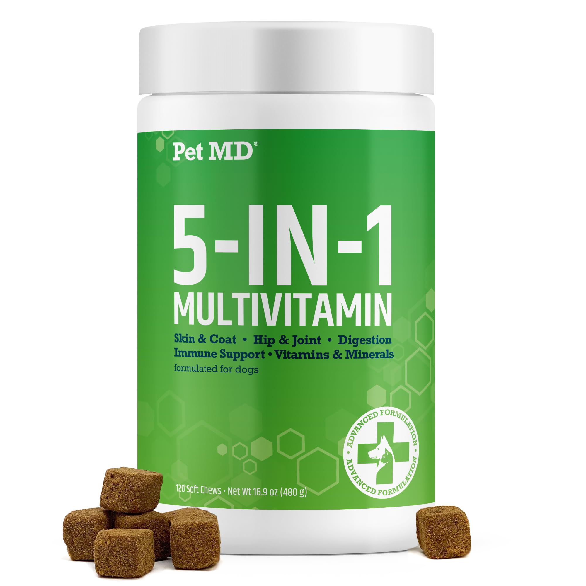 Pet MD 5in1 dog multivitamin packaging displaying premium quality for complete nutritional support.
