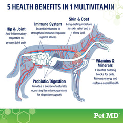 Pet MD 5in1 skin coat image emphasizes Omega balance for a shiny, healthy-looking coat.