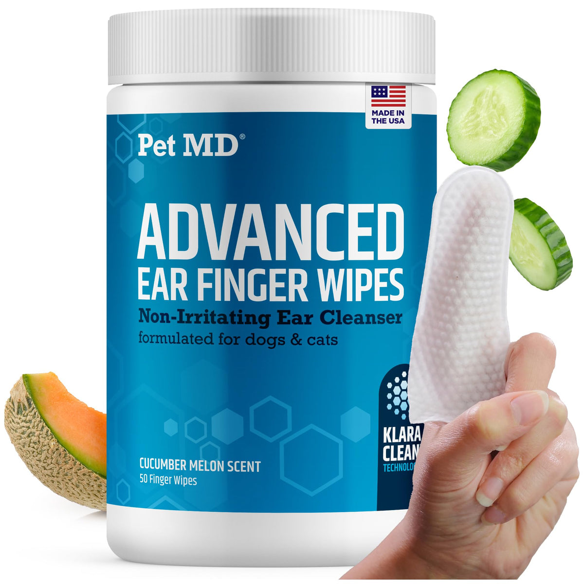 Pet MD Advanced Ear Wipes on finger for precise cleaning.