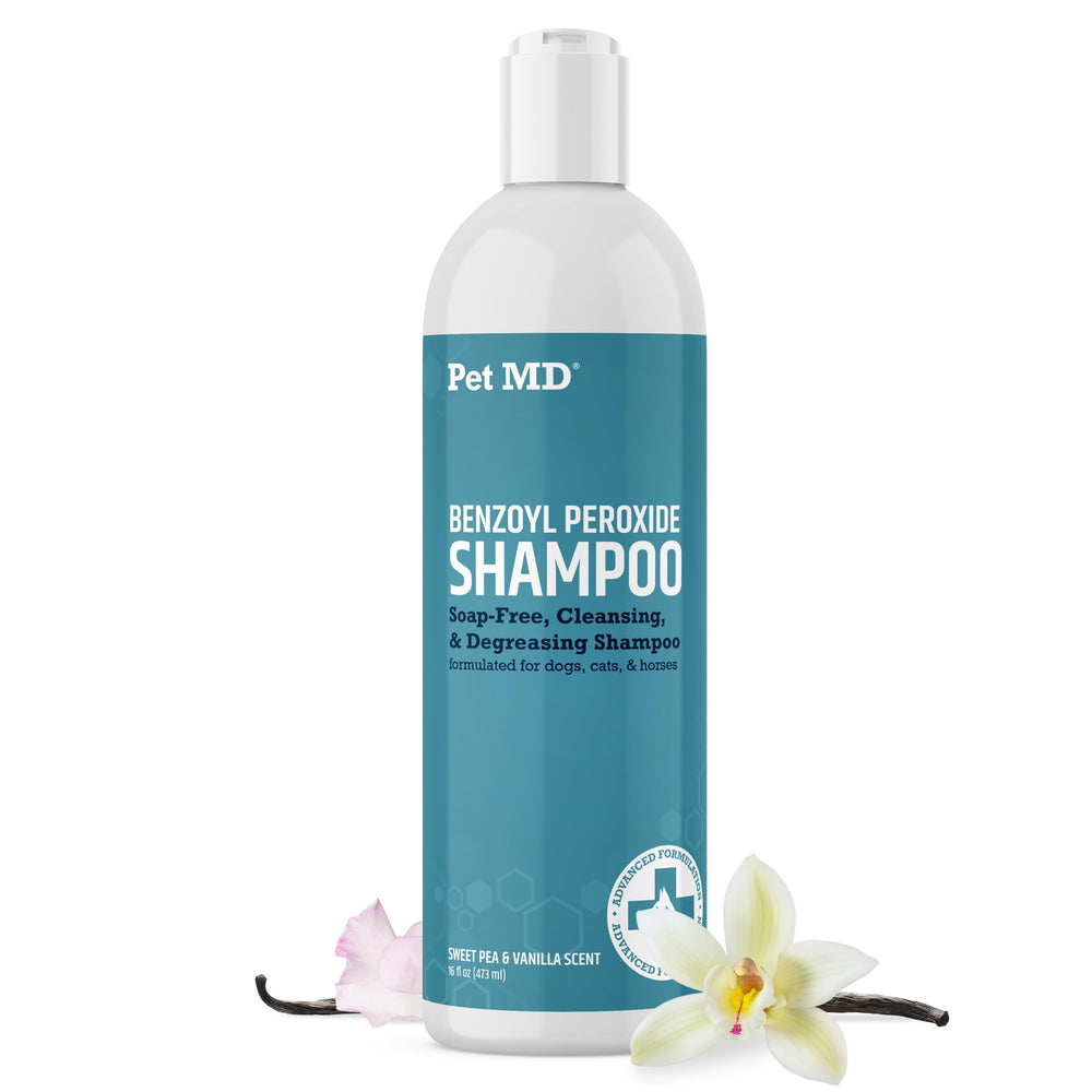 Pet MD Benzoyl Peroxide Medicated Shampoo bottle pour for dogs and cats—soothing cleansing.