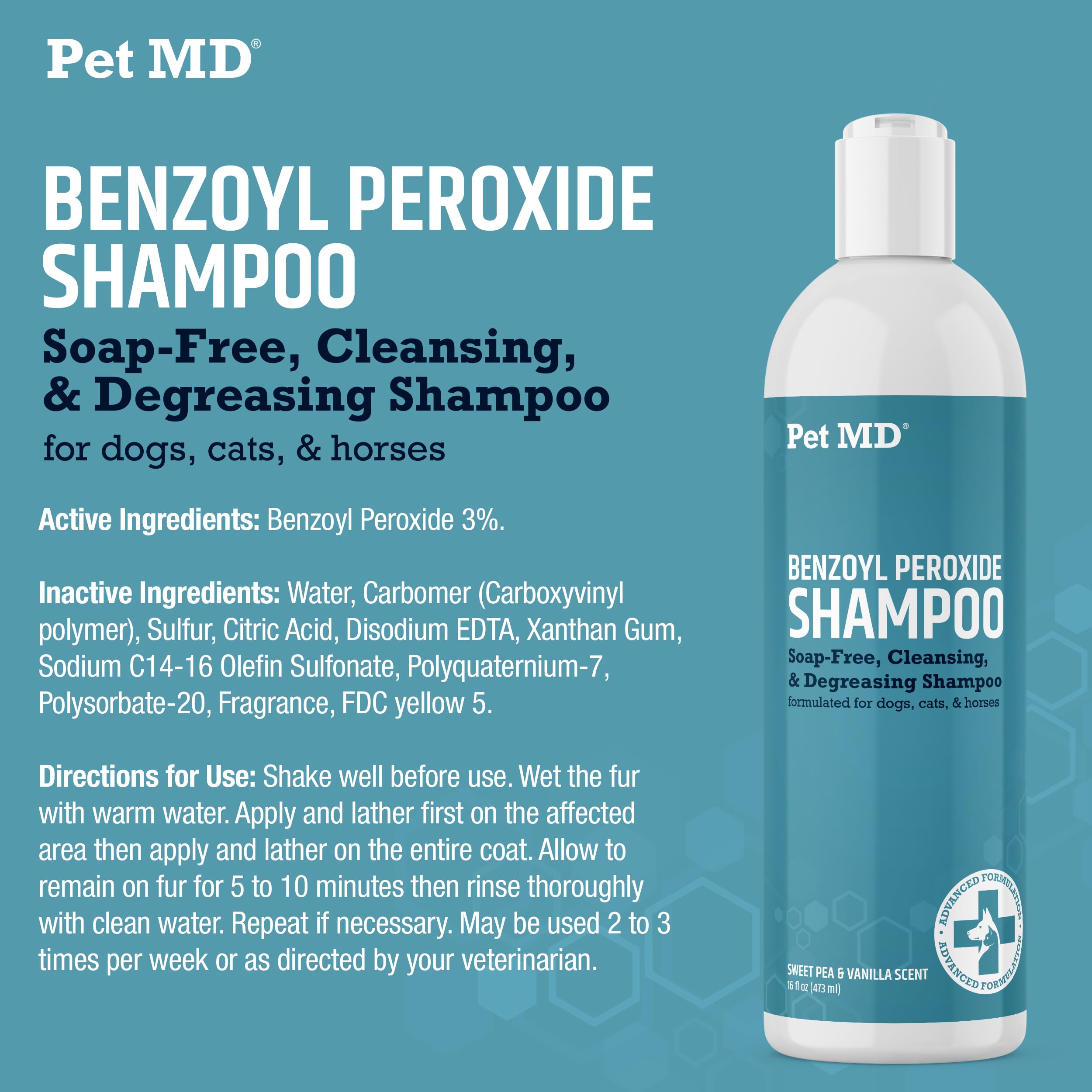 Pet MD Benzoyl Peroxide Medicated Shampoo label—made in USA for quality and safety.