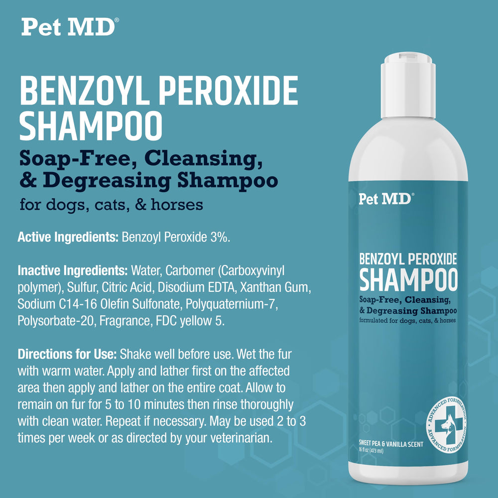 Pet MD Benzoyl Peroxide Medicated Shampoo label—made in USA for quality and safety.