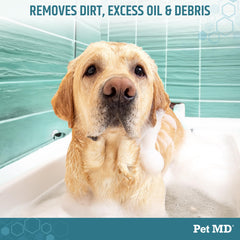 Pet MD Benzoyl Peroxide Medicated Shampoo lather close-up—deep cleaning with degreasing action.